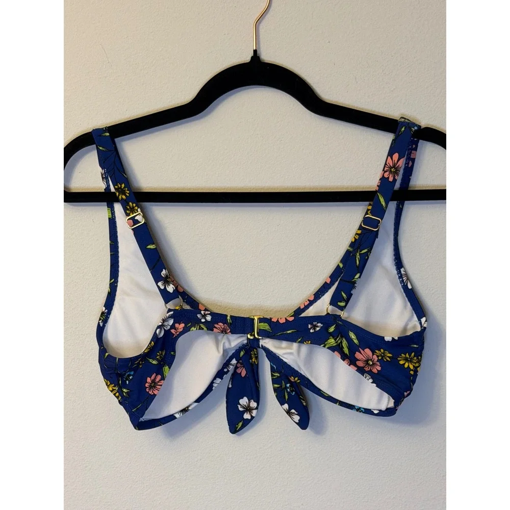 Hot Water Blue Floral Tie Front Bikini Top Gold Clasp Adjustable Straps Sz Large